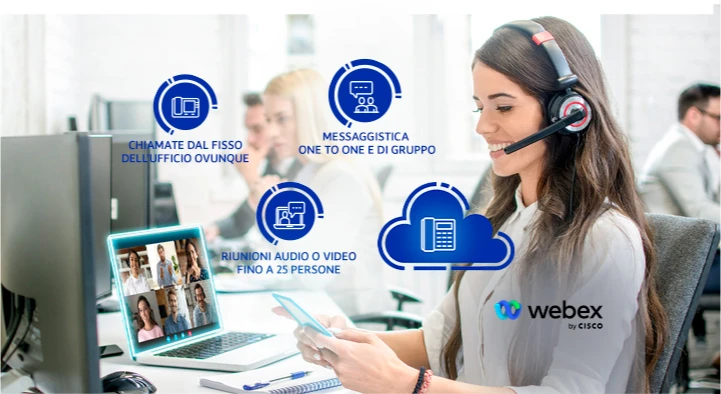Donna in ufficio utilizza cellulare e computer con icone che rappresentano i servizi di Webex per TIM Comunica per chiamare, fare riunioni, inviare messaggi e altro ancora