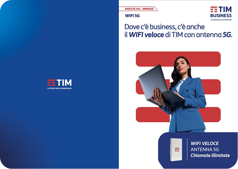 Donna sorridente che utilizza un tablet, con il logo TIM Business sullo sfondo, simbolo di innovazione e connettività digitale.