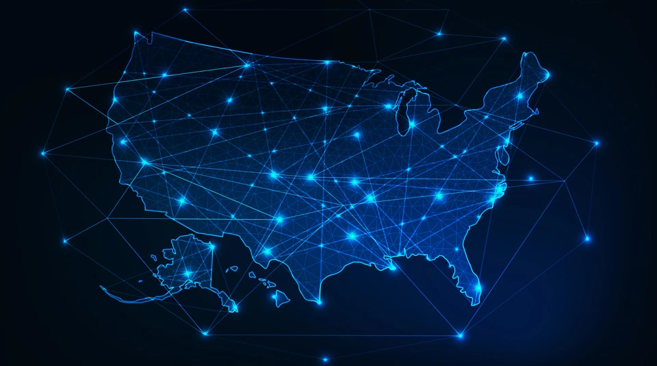 Mappa degli Stati Uniti rappresentata da una rete di connessioni a indicare un'offerta per chi viaggia spesso negli USA.