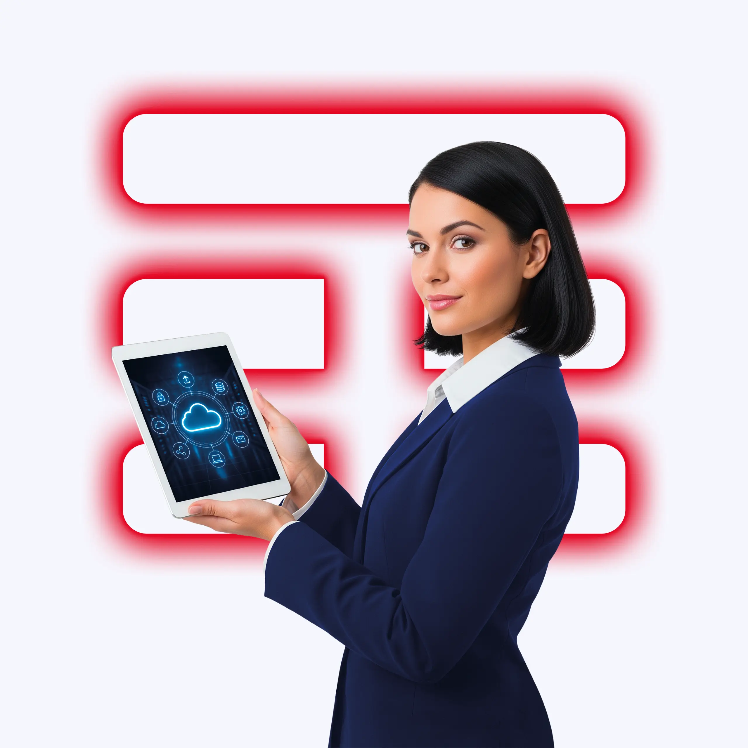 Una donna d'affari tiene in mano un tablet che mostra un'icona di cloud computing.