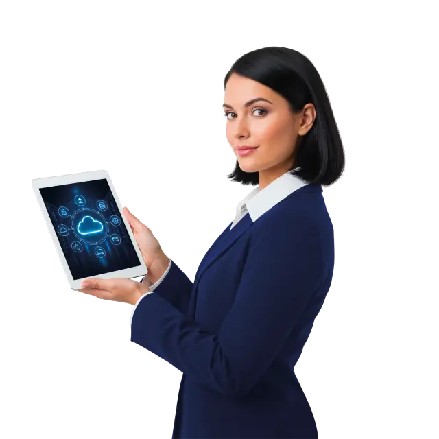 Una donna d'affari tiene in mano un tablet che mostra un'icona di cloud computing.
