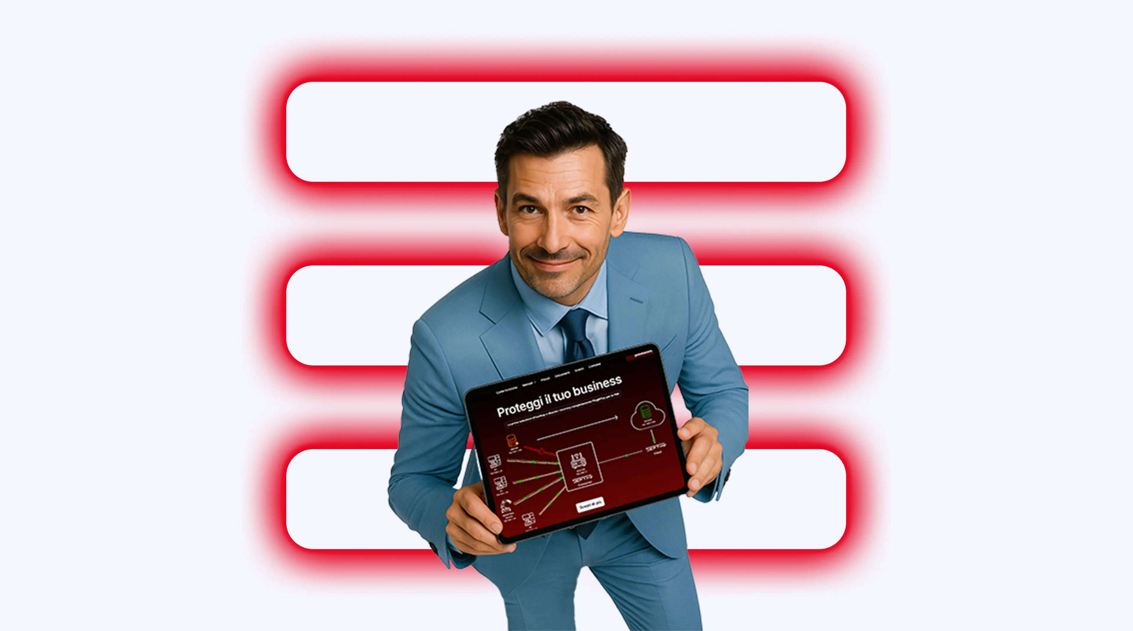 Uomo che mostra tablet con TIM Sefthy per backup e ripristino dei server aziendali