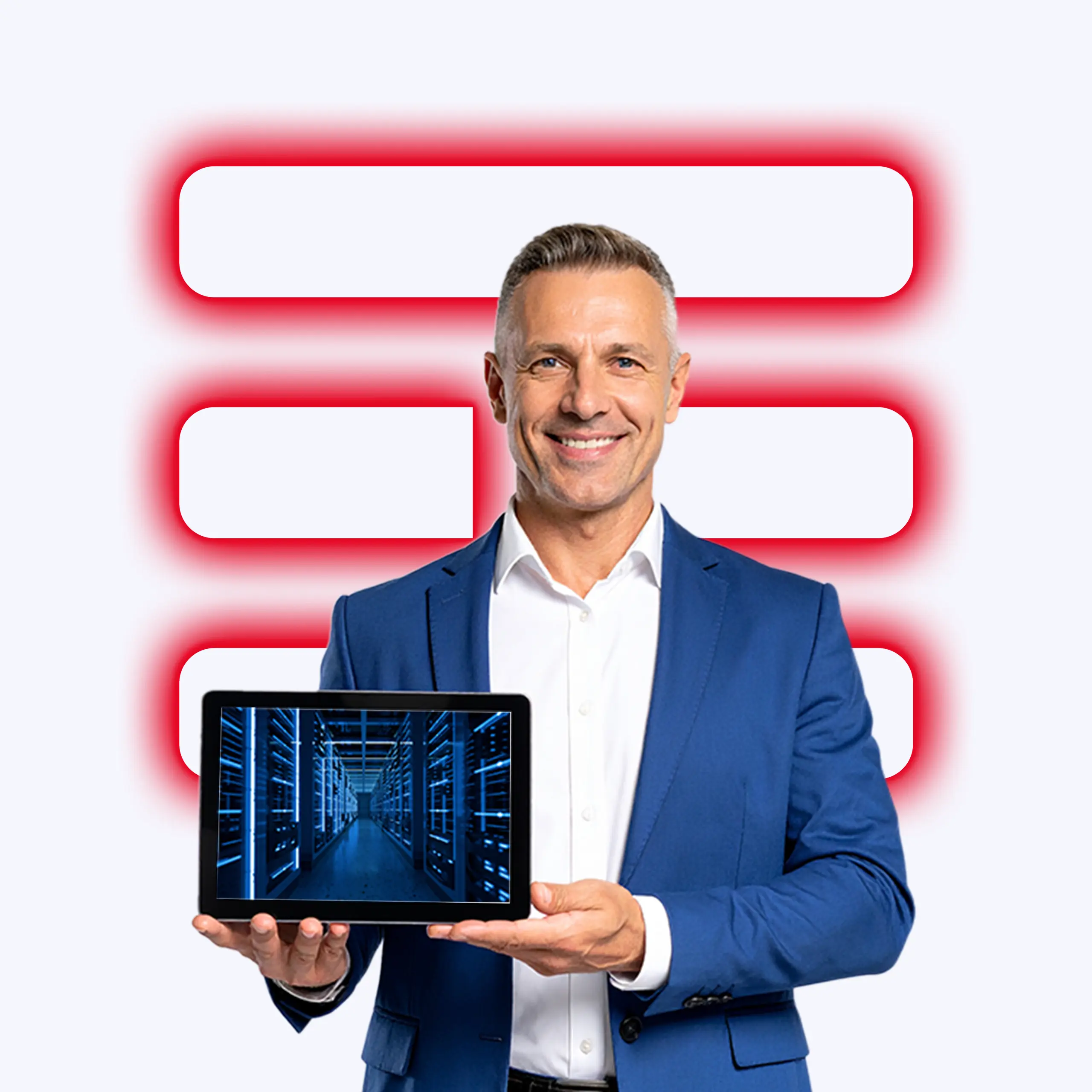 Professionista in abito blu sorride tenendo un tablet con l'immagine di un data center, sullo sfondo il logo stilizzato di TIM.
