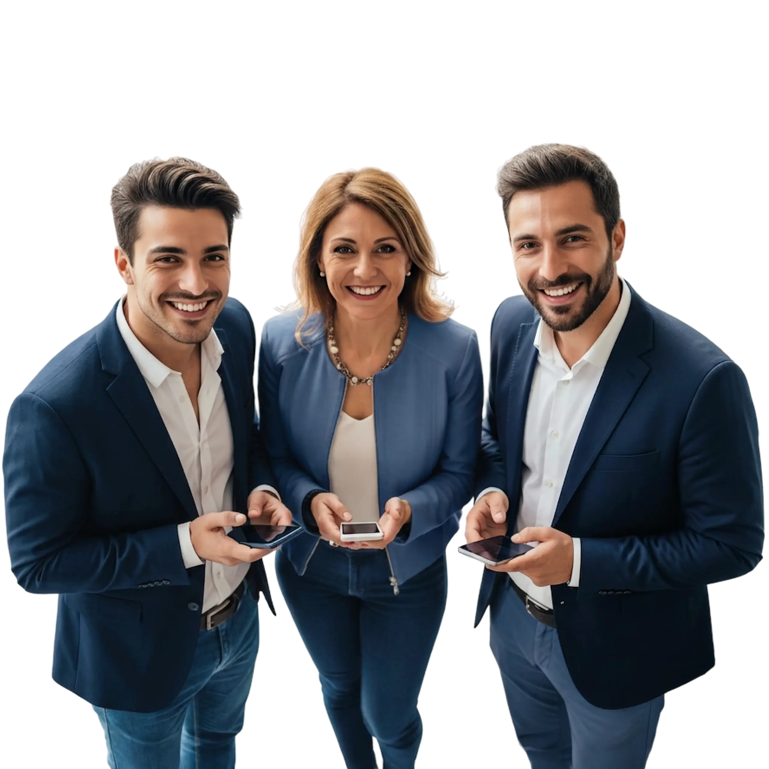 Tre professionisti sorridenti con smartphone in mano, davanti al logo TIM Business, simbolo di connettività e innovazione digitale.