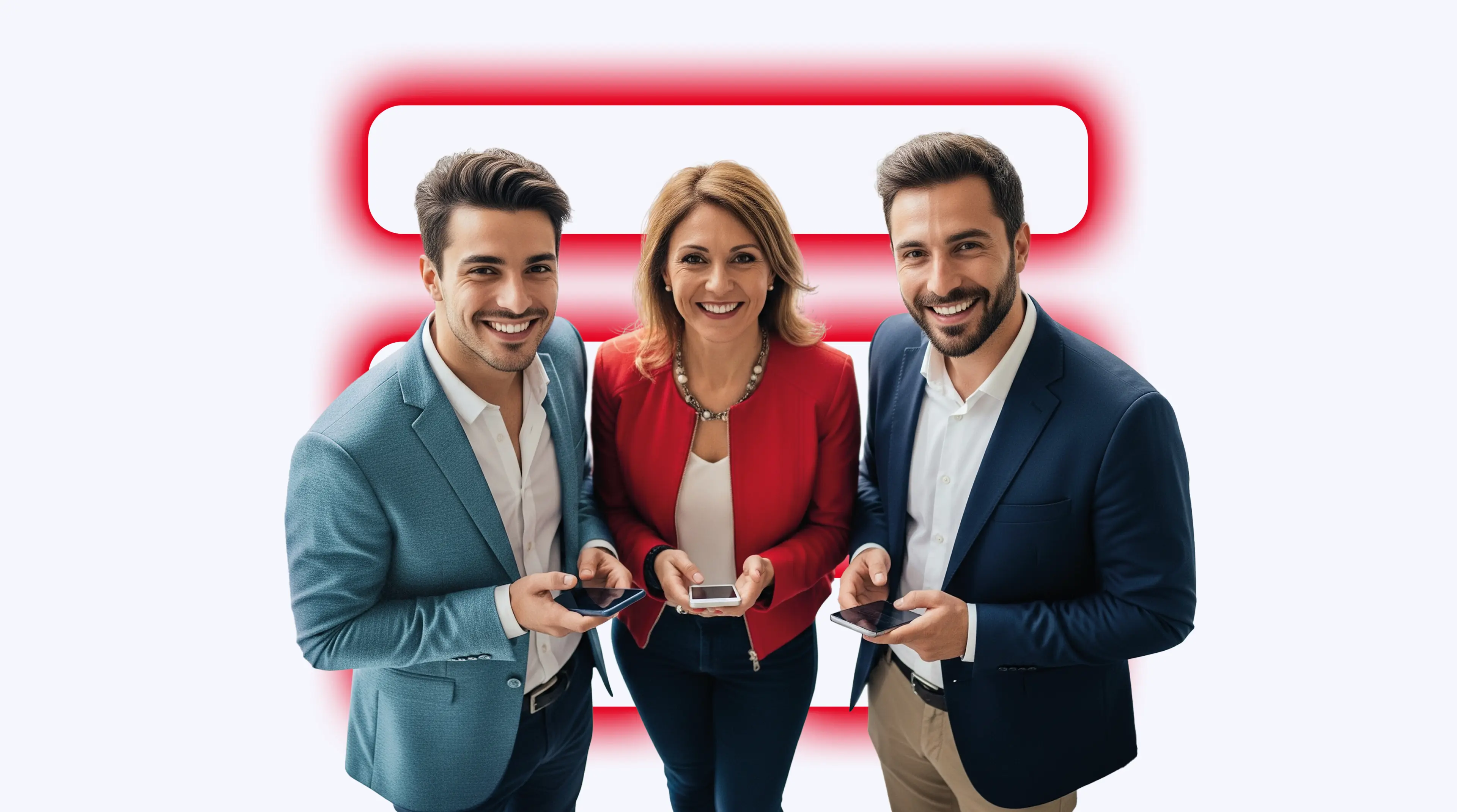 Tre professionisti sorridenti con smartphone in mano, davanti al logo TIM Business, simbolo di connettività e innovazione digitale.