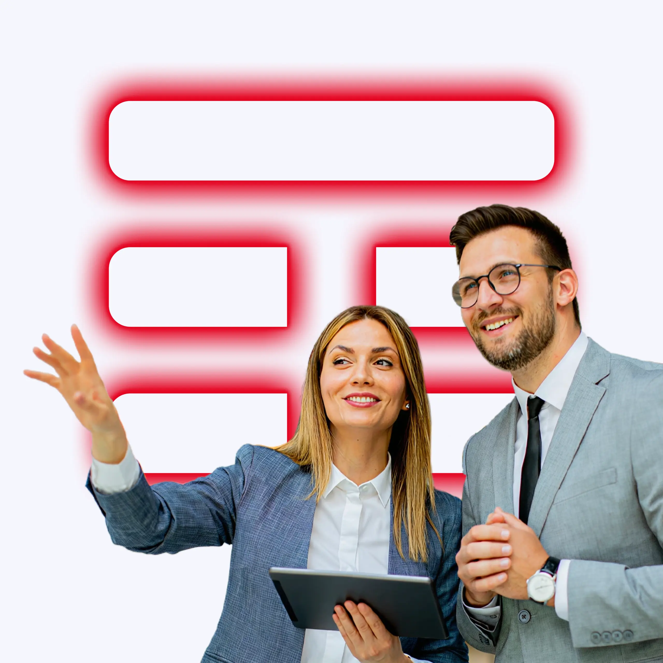 Due professionisti sorridenti e vestiti in abiti formali sono ritratti in primo piano. Sullo sfondo è visibile il logo di TIM.