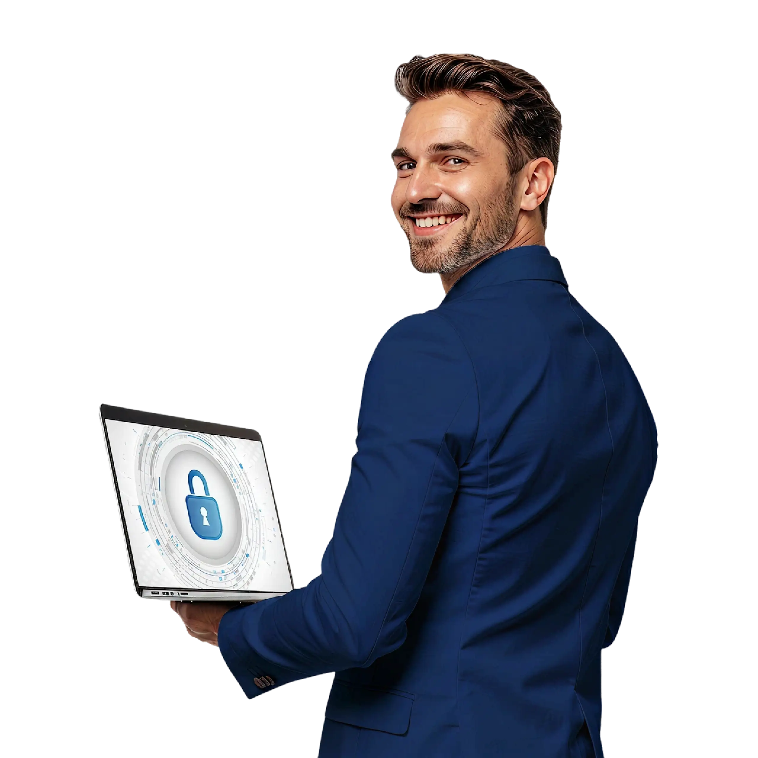 Uomo con PC che mostra protezione digitale TIM per dispositivi aziendali
