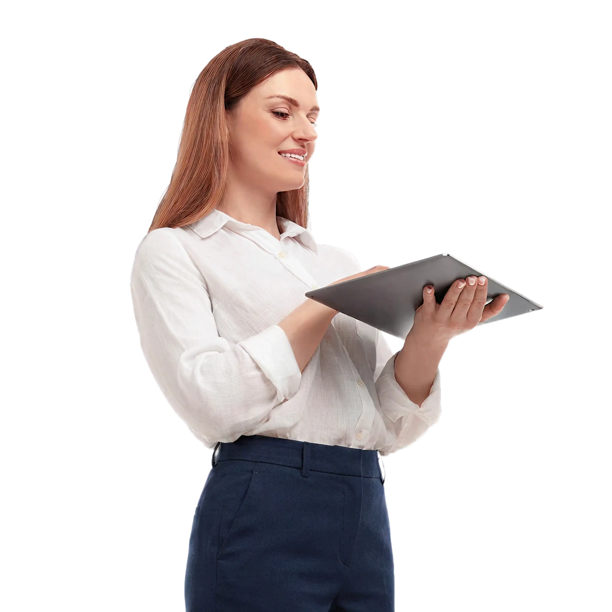 Donna sorridente che utilizza un tablet, con il logo TIM Business sullo sfondo, simbolo di innovazione e connettività digitale.