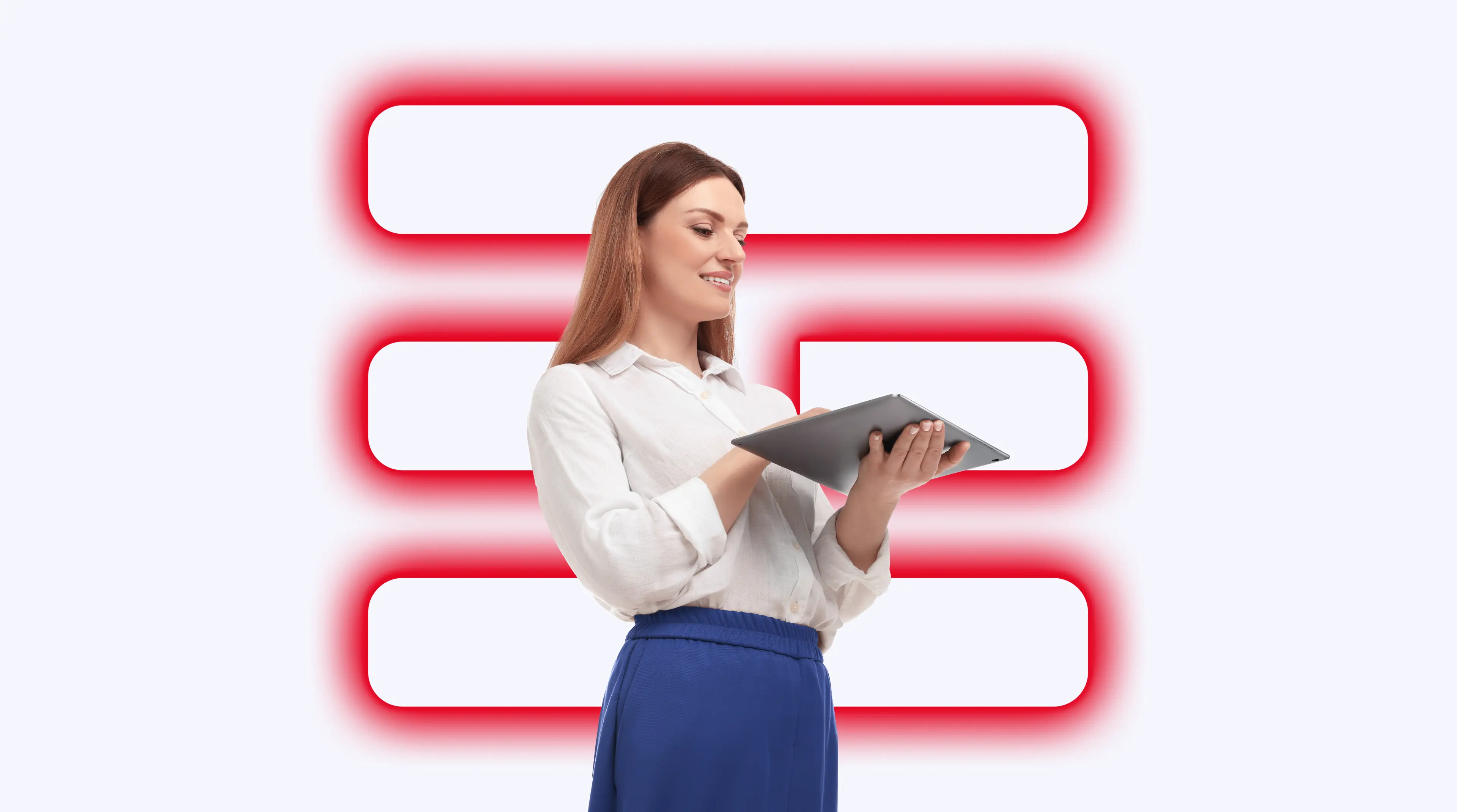 Donna sorridente che utilizza un tablet, con il logo TIM Business sullo sfondo, simbolo di innovazione e connettività digitale.