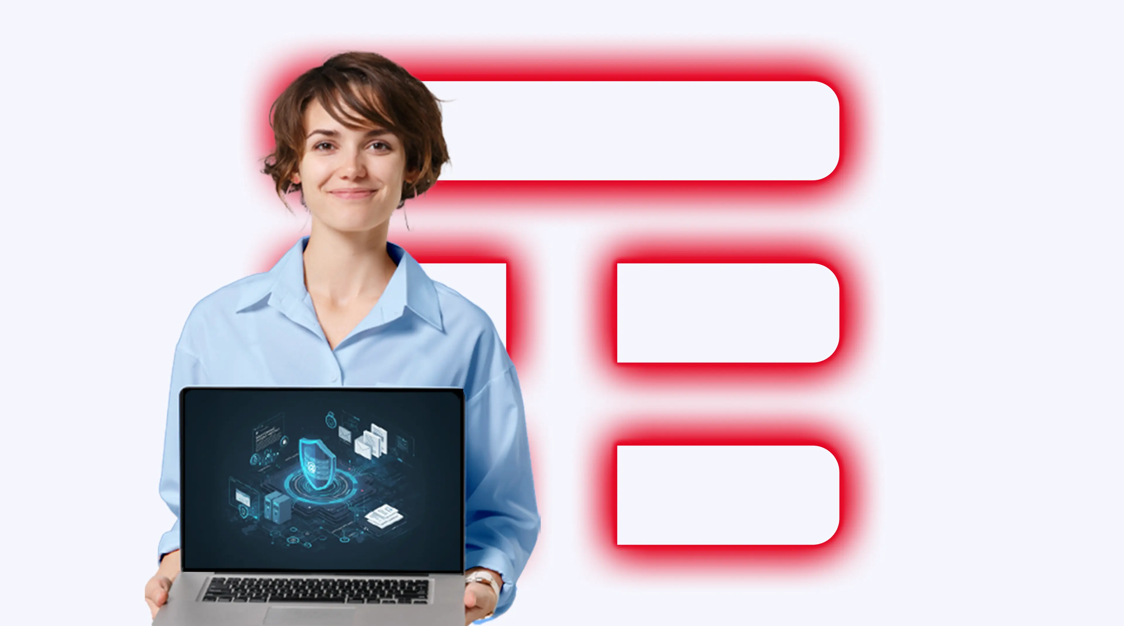 Ragazza con laptop in mano che presenta TIM Verifica Sicurezza sullo schermo