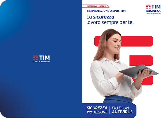 Donna sorridente che utilizza un tablet, con il logo TIM Business sullo sfondo, simbolo di innovazione e connettività digitale.
