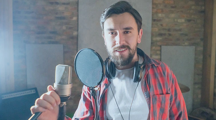 Uomo con microfono in studio di registrazione, pronto a registrare messaggi audio personalizzati per segreteria e centralino