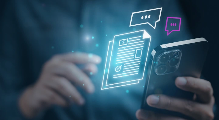 Persona con in mano uno smartphone utilizza Smart Notes, app per rielaborare gli appunti presi durante convegni ed eventi aziendali